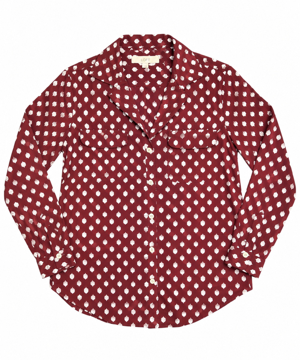 LOFT Fall Family Picture Top Acorn Print Button Down Blouse Shirt Size Small